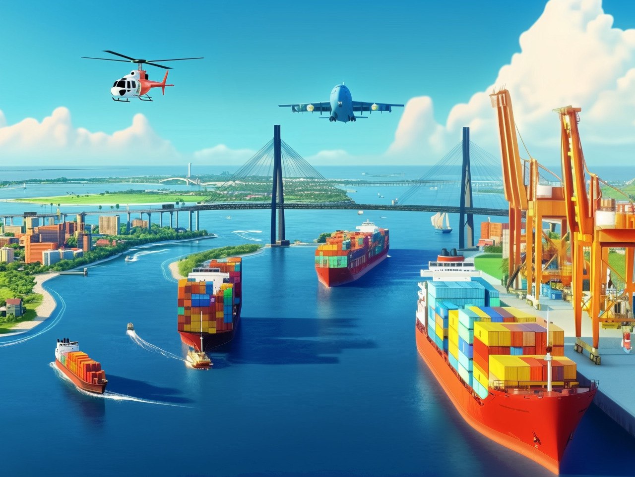 Propeller Town harbor — Connie the Containership, Heli the Coast Guard Helicopter, Pete the C-17, tugboats and cranes in a vibrant harbor inspired by Charleston, SC